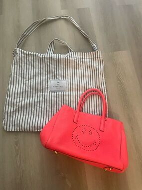 Anya Hindmarch Coral Pink Pebbled Leather Smiley Satchel